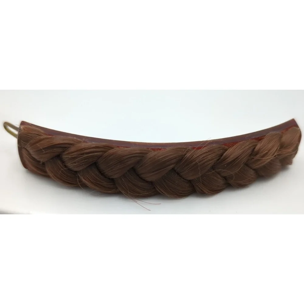 Vintage Metal & Celluloid Faux Hair Braid Barrette 3.5‎ in long Brunette Brown
